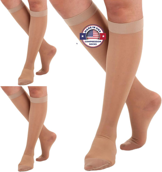 (3 Pairs - Closed Toe) Made in USA - Sheer Compression Socks for Women 15-20mmHg - Compression Stockings for Varicose Veins Circulation, Thrombosis, Embolism - Natural, Small - A101NA1-3