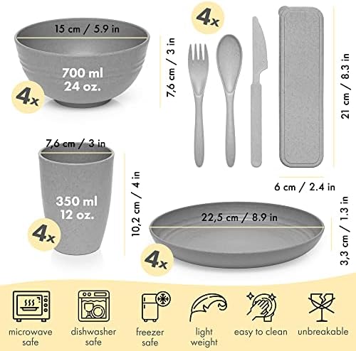 FOODLE Wheat Straw Dinnerware Set - RV, Camping, Picnic Plates Cups & Bowls