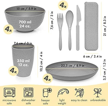 FOODLE Wheat Straw Dinnerware Set - RV, Camping, Picnic Plates Cups & Bowls