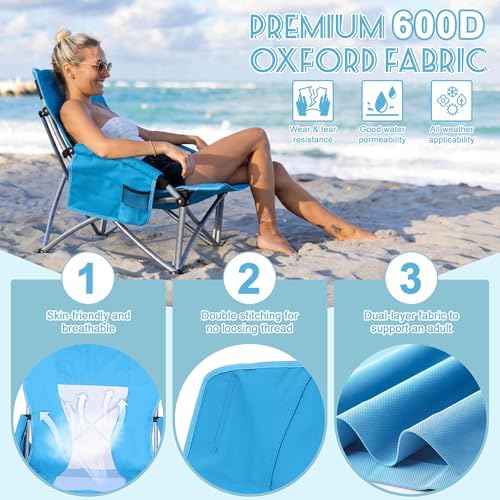 HaSteeL Low Beach Chairs for Adults, Lightweight Camping Folding Chair with Carrying Bag, Portable for Outdoors Lawn Backyard Patio RV Trip Fishing Sport Tailgating, Support 300LBS, Blue, 2 Pack