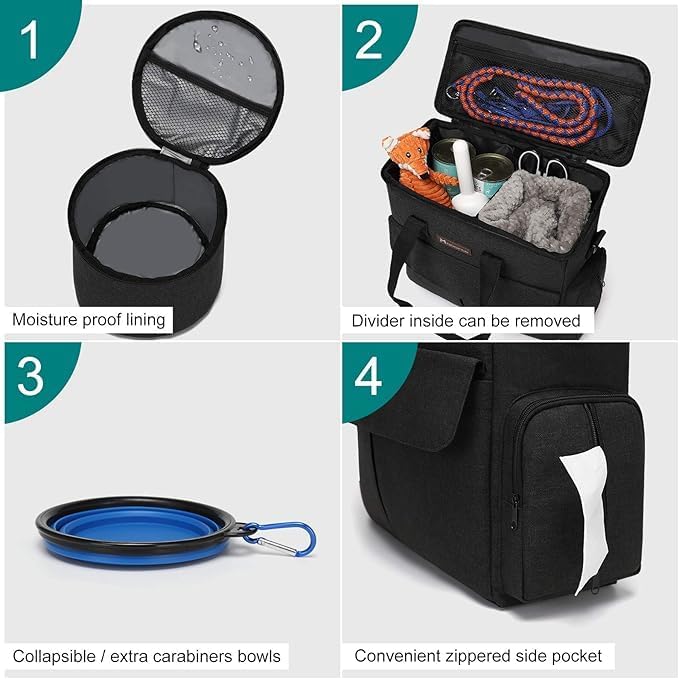 Modoker Weekend Dog Travel Bag Set with 2 Food Bags, 2 Bowls and Mat, Black