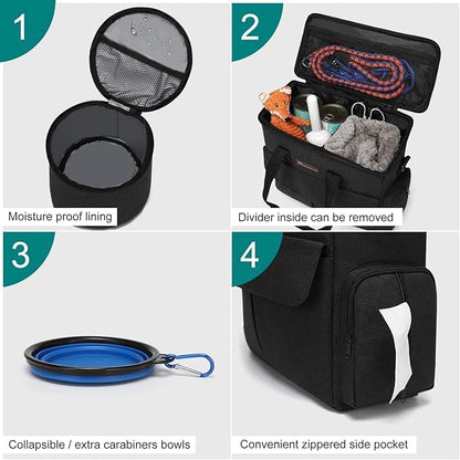 Modoker Weekend Dog Travel Bag Set with 2 Food Bags, 2 Bowls and Mat, Black