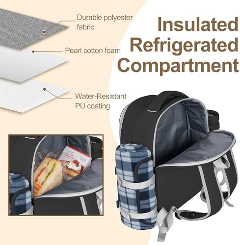 Picnic Backpack for 4 Persons with Insulated Leakproof Cooler Compartment, Cutlery Sets, Wine Holder, Fleece Blanket, Wedding Gifts for Couples, Perfect for Beach, Camping, Hiking, Black