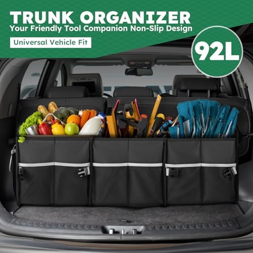 Heavy-Duty Trunk Organizer & Multi-Compartment Storage Box for SUV/Sedan/Minivan,600D Waterproof Oxford,2 Securing Hooks & Reflective Strips-Large Capacity Organiser(92L)