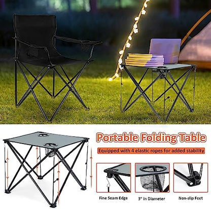 Leonyo 2Pcs Folding Camping Chairs for Adults, Lawn Chairs & Table, Black