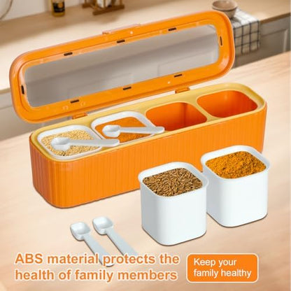 Clear Seasoning Box, 4 Packs Seasoning Rack Spice Pots, Condiment Jars Seasoning Box with Clear Covers and Spoons for Spice, Sugar, Salt, Pepper, Garlic Powder (Orange)