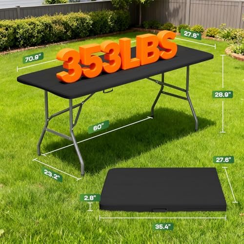 FDW | 6FT Folding Table | Black Wood Grain | Portable Plastic Table