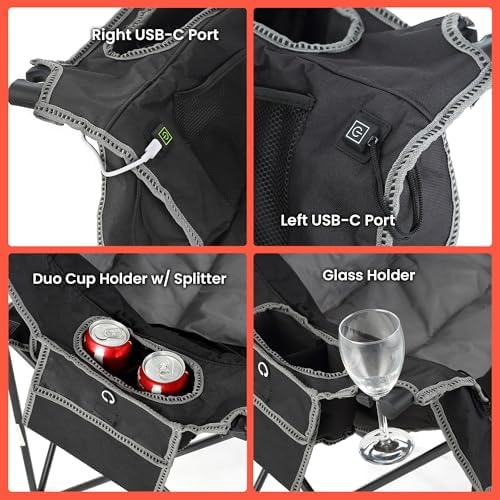 ARROWHEAD OUTDOOR Wide Duo Foldable Heated Camping Loveseat Chair, Black