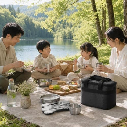 Camping Dinnerware Sets, Cookware Set, Portable Mess Kit for 3-4 Person, Bag Included