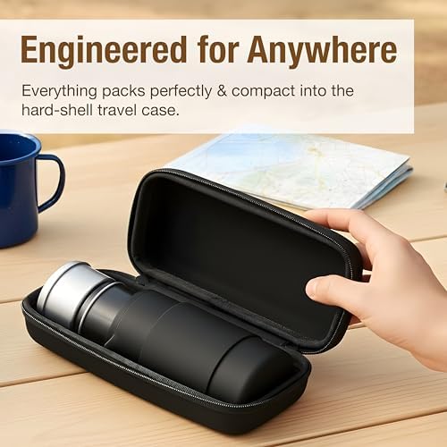 Travel French Press Coffee Maker Set - 12 oz | Portable Travel French Press Coffee Maker | Double Wall Insulated with Dual Stainless Filters & 2 Steel Canisters for Grounds, Tea, Creamer & Sugar