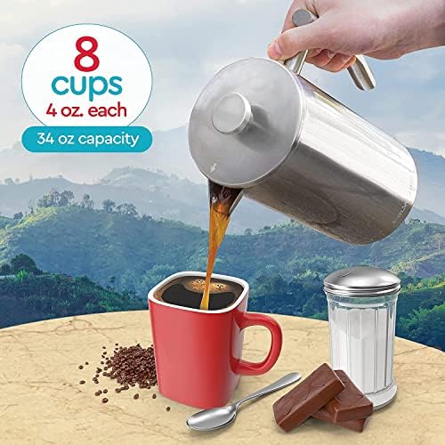 French Press Coffee Maker 34oz - 304 Stainless Steel Coffee Press, Double Wall Insulated Thermal French Press with 4-Level Filtration, 2 Extra Filters, Rust Resistant, Dishwasher Safe, 1 Liter Silver