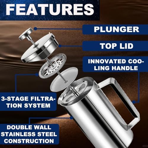 French Press 21 oz, Stainless Steel Coffee Press, Camping & Travel