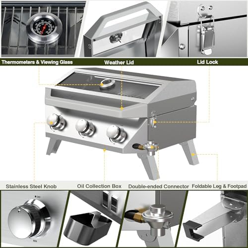 BESTFIRE Portable Propane Grill, 3-Burner Tabletop Gas Grill with 2-in-1 Connection for 1lb/20lb Tanks, 30,000 BTU Stainless Steel BBQ with Observation Window & Thermometer for Outdoor, Tailgating
