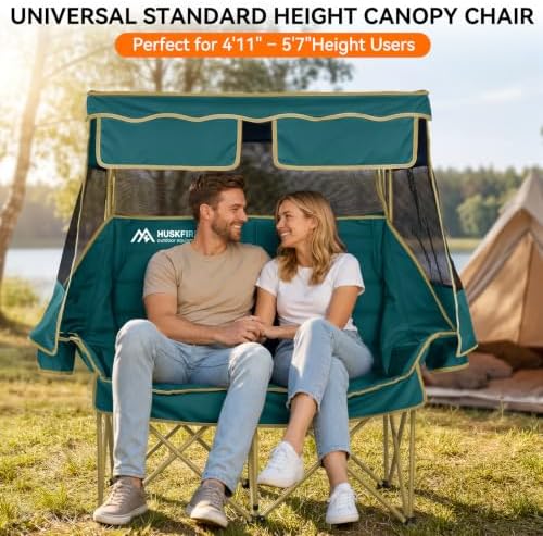 Huskfirm Double Camping Chair with Canopy Shade Folding Heavy Duty Green