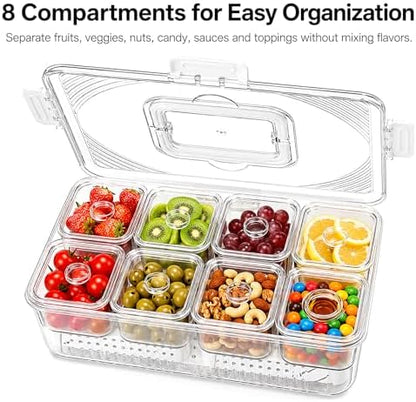 Upgraded 8-Compartment Chilled Condiment Server with Carry Handle, Large Cocktail Garnish Tray, Portable Fruit Tray with Ice Bottom, Cook Out Essentials for BBQ, Taco Bar, Camping