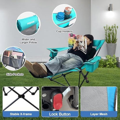 2-Pack Reclining Camping Chair 4 Position with Foot Rest Comfortable for Adults 265Ibs Folding Lounger Mesh Beach Chair with Cooler Bag and Cup Holder for Outdoor Patio