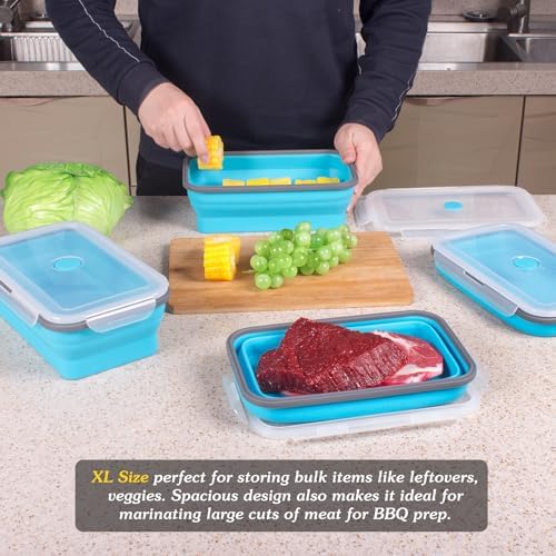 Extra Large Collapsible Food Storage Containers with Lid & Air Vent, 58 oz, 4 Pack, XL Collapsible Marinade Container with Lid Foldable Silicone Containers, Microwave Freezer Dishwasher Safe, Blue