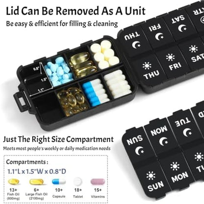 Foldable Portable 7 Day Pill Organizer 2 Times a Day, AM PM Weekly Pill Box