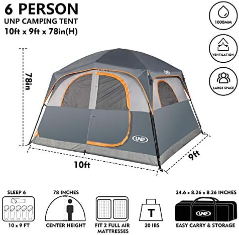 UNP 6 Person Tents for Camping Waterproof Family Cabin Tent with Rainfly
