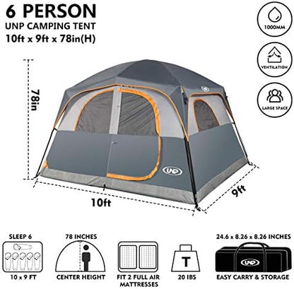 UNP 6 Person Tents for Camping Waterproof Family Cabin Tent with Rainfly
