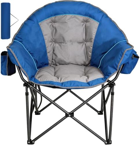Romswi Oversized XXL Padded Camping Chairs for Adults, 1Pcs 500lbs Heavy Duty Support, 500G Ultra-Thick Cushion Sofa-Like Comfort, Folding Lawn Chair with Cooler Bag & Side Pockets, Blue