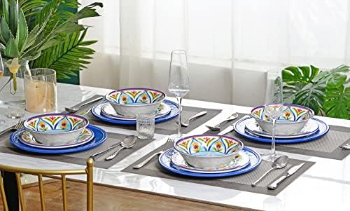 Retro Style Melamine Dinnerware Sets, 12Pcs Durable Plates and Bowls for 4