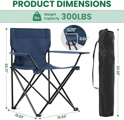 4 Pack Folding Camping Chairs for Adults, Foldable Portable Beach Chairs with Carry Bag & Cup Holder, Compact Design for Camping, Beach, Picnics, and Fishing Supports 300LBS（Navy）