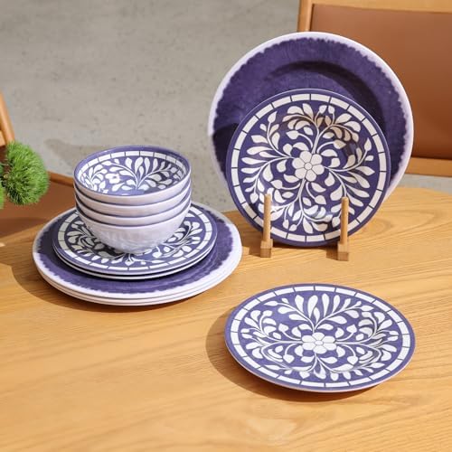Melamine Dinnerware Set,12pcs Plates and Bowls Set - Blue-Purple