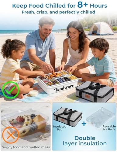 Chilled Snackle Box Container with Ice Pack, Divided Tray with Clear Lid & Bag, 8+Hrs Cooling, Beach Road Trip Essential for Family, Travel Snack Container for Picnic Camping Tailgate, Gifts for Women
