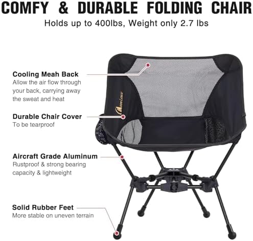 MOON LENCE Portable Camping Chair Backpacking Chair - The 4th Generation Ultralight Folding Chair - Compact, Lightweight Foldable Chairs for Hiking Mountaineering, Beach (Black-1Pack (Glod-Logo))