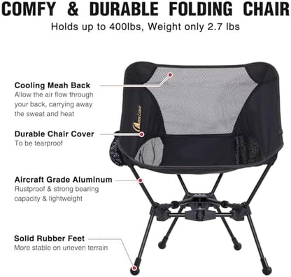 MOON LENCE Portable Camping Chair Backpacking Chair - The 4th Generation Ultralight Folding Chair - Compact, Lightweight Foldable Chairs for Hiking Mountaineering, Beach (Black-1Pack (Glod-Logo))