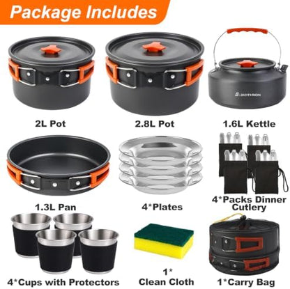 34PC Camping Cookware Set for 5-7, 2 Pots, Frying Pan & Kettle