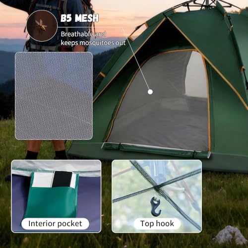 Quick Set Up Waterproof 4-Person Camping Tent with Bug Netting - Instant Pop-Up Tent for Family Camping & Hiking | All-Weather 4-Season Outdoor Shelter