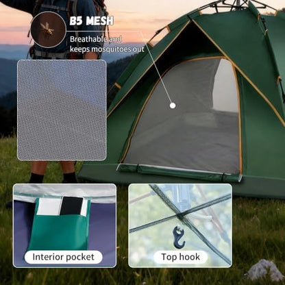 Quick Set Up Waterproof 4-Person Camping Tent with Bug Netting - Instant Pop-Up Tent for Family Camping & Hiking | All-Weather 4-Season Outdoor Shelter