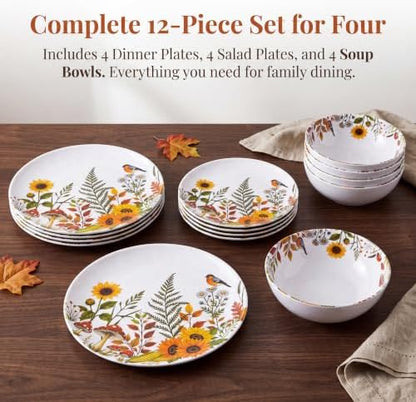 12-Piece Melamine Dinnerware - Sunflower Bird Plates and Bowls Set