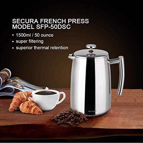 Secura French Press Coffee Maker, 50-Ounce, 304 Stainless Steel Insulated Coffee Press with Extra Screen (Pack of 2)