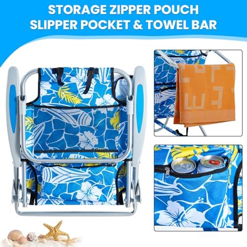 2 Pack Lightweight Portable Camping Beach Chair for Adults, Outdoor Lay Flat Folding Beach Chairs with 5 Positions, Backpack Beach Chair with Towel Bar, Zipper Pouch, Hawaiian Style