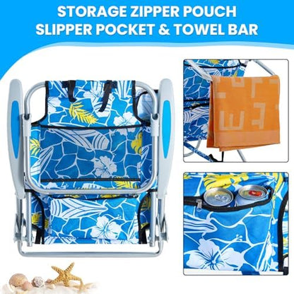2 Pack Lightweight Portable Camping Beach Chair for Adults, Outdoor Lay Flat Folding Beach Chairs with 5 Positions, Backpack Beach Chair with Towel Bar, Zipper Pouch, Hawaiian Style