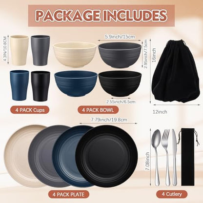 Teenyyou 4 Sets Camping Mess Kits for 4 Person Camping Silverware Set Include Cup, Bowl, Plate, Knife, Spoon, Fork Cutlery Set Unbreakable Wheat Straw Dinnerware Utensils for Travel
