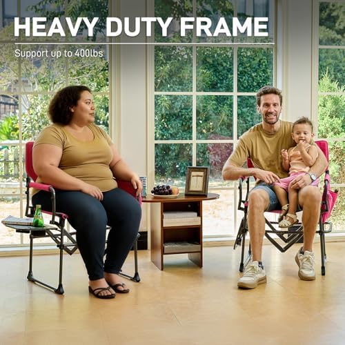 EVER ADVANCED Camping Directors' Chair with Side Table, Portable Folding with Compact Size, Heavy Duty Lawn Chair with Pocket for Camping, Lawn, Sports and Fishing, 400lbs, Pink