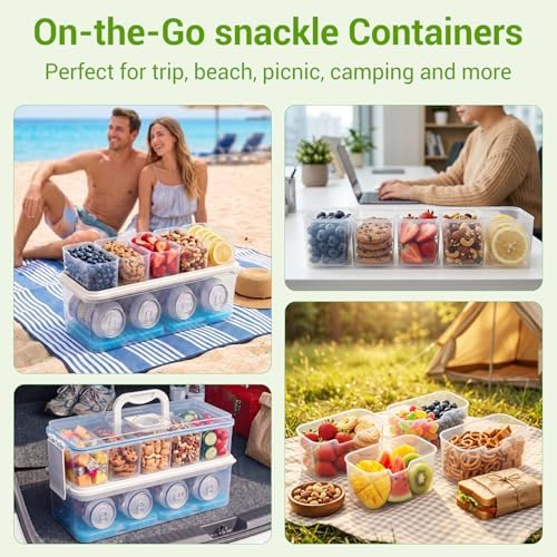 Snackle Box Container: Snack Organizer Divided Serving Tray with Ice-Pack, Portable Double-layer Tray Snackle Box for Food and Drink, Snack Platter for Travel Beach Picnic (White - 5 Tray)