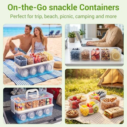 Snackle Box Container: Snack Organizer Divided Serving Tray with Ice-Pack, Portable Double-layer Tray Snackle Box for Food and Drink, Snack Platter for Travel Beach Picnic (White - 5 Tray)