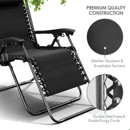 Nestl Zero Gravity Chairs Set of 6, Patio Lounge Chair Outdoor with Pillows & Cup Holder Trays, Adjustable Steel Mesh Reclining Camping Chair, Folding Patio Lawn Chair for Deck, Beach, Yard - Black