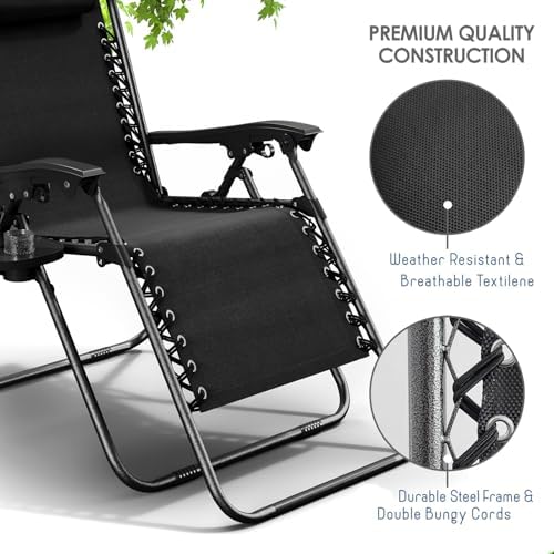 Nestl Zero Gravity Chairs, Portable Patio Lounge Chair Outdoor with Pillows & Cup Holder Trays, Adjustable Steel Mesh Reclining Camping Chair, Folding Patio Lawn Chair for Deck, Beach, Yard - Black