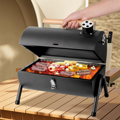 Portable bbq Charcoal Grill Small Folding Table Top Charcoal Grill for Outdoor Camping Two Side Carbon Smoker Griller with bbq Grill Brush and Metal Tongs (Black)