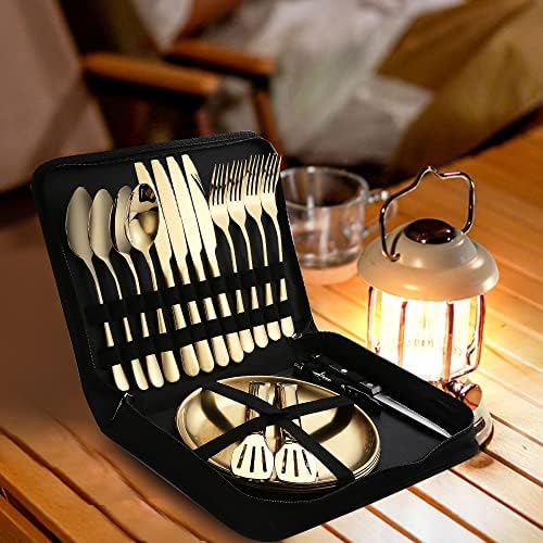 Picnic Dishes Utensils Gold Camping Flatware Set for 4 Portable Dinnerware Plates Silverware Forks Spoons knives Bottle Opener Food Tongs Complete Kit with Zipper Bag