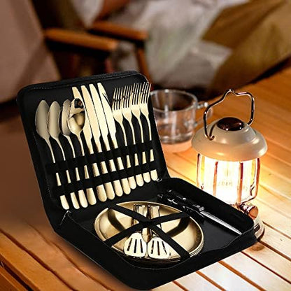 Picnic Dishes Utensils Gold Camping Flatware Set for 4 Portable Dinnerware Plates Silverware Forks Spoons knives Bottle Opener Food Tongs Complete Kit with Zipper Bag