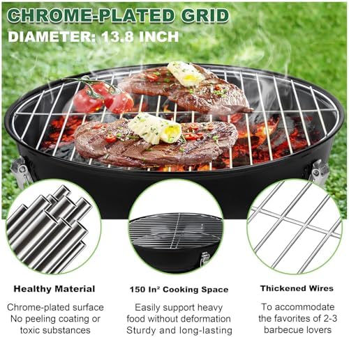 14 inch Charcoal Grill, Joyfair Small Portable Camping BBQ Kettle Grill