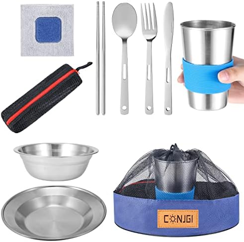 Outdoor Camping Mess Kit - 1 to 2 persons Camping Dishes Includes Cups, Bowls, Dishes, Knives, Forks, Spoons, Etc, Camping Dinnerware Set with Mesh Bag is Easy to Carry Camping Tableware Set