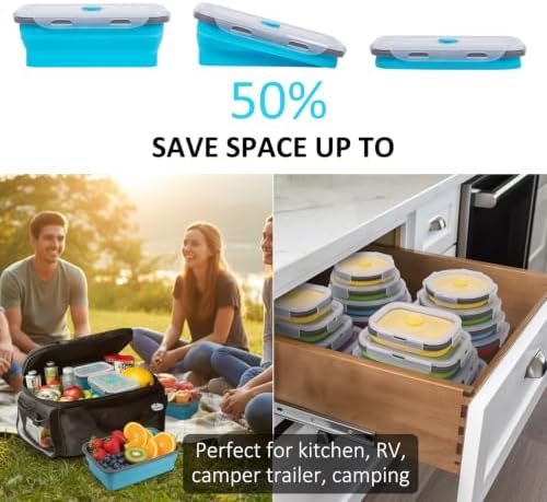 Collapsible Food Storage Containers with Lids 10 Pack(81oz/58oz Extra Large Included), 6 Rectangular+4 Round, Annaklin Silicone Collapsible Food Containers Sets Microwave Freezer Dishwasher Safe, Blue